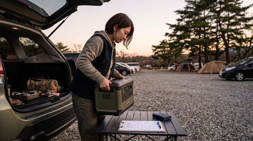 夕方の駐車区画で蓄電機器の重さを確かめる女性