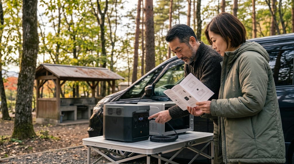 車外のテーブルで電源と電子レンジの接続を2人で確認する様子