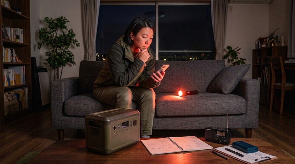 停電を想定しポータブル電源を災害対策で買うべきか考える人の様子