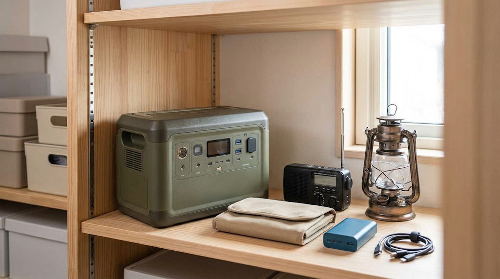 自宅の収納で防災用品と並べて静かに保管されたポータブル電源