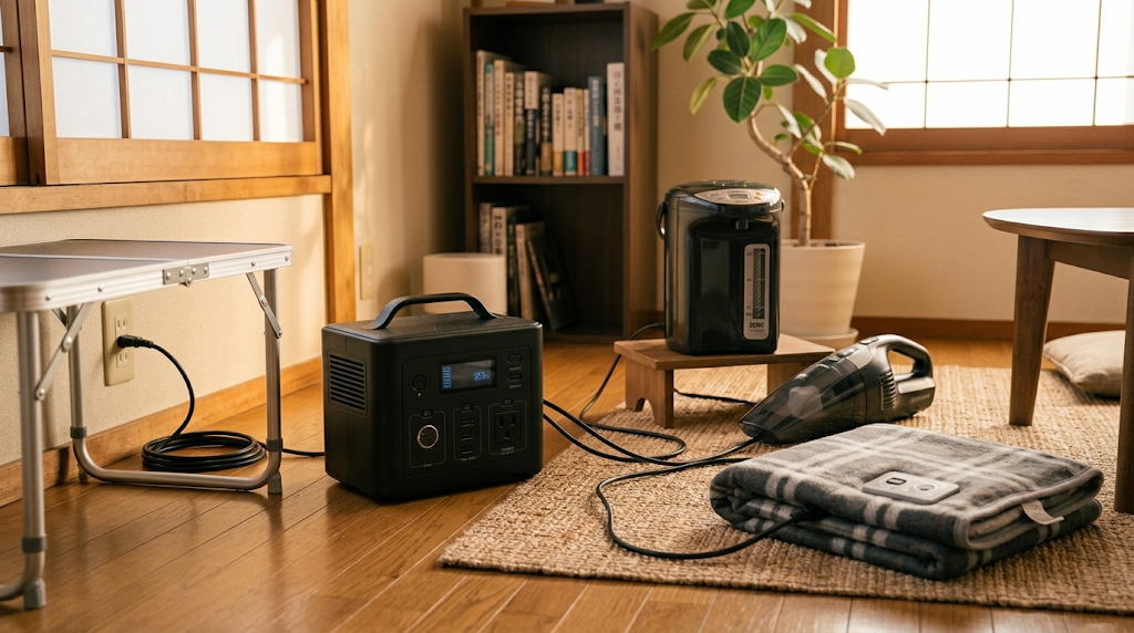 ポータブル電源1500wと生活家電が並ぶ早朝のリビングの情景