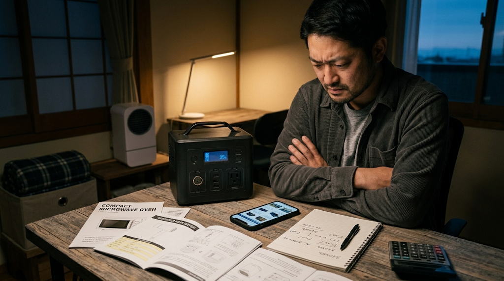 家電の説明書と電卓を前に消費電力を思案する男性